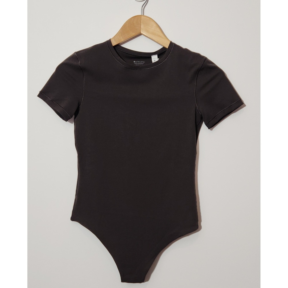 Athleta BodyMove Short Sleeve Crew Bodysuit Truffle Brown XS New - Picture 2 of 9